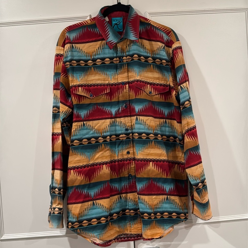 Roper Southwestern Tan Multicolored Print Button Down Cotton Shirt Size XL